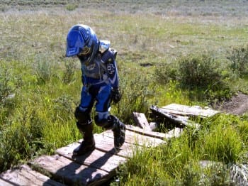 Joey next to the damaged bridge